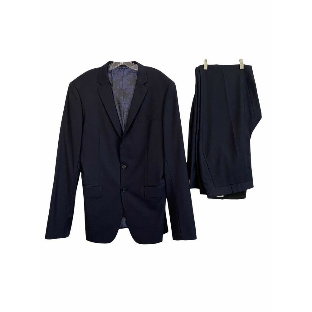 Waraire Boswell Mens Two Button Suit Black Flap Pockets Notch Lapel XL Long 36